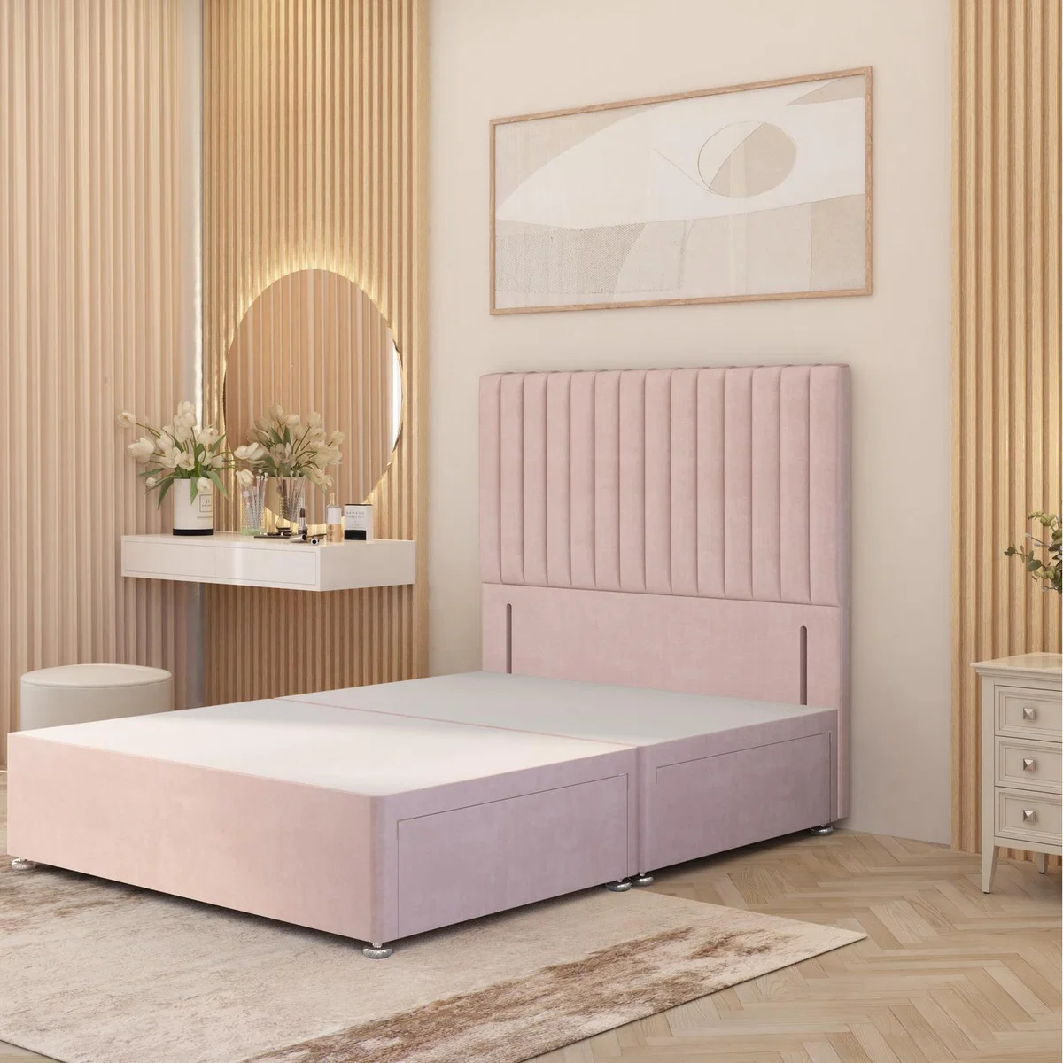 Verona Divan Bed Base with 54" Floor Standing Headboard Plush Velvet - Pink / Single / No Drawers