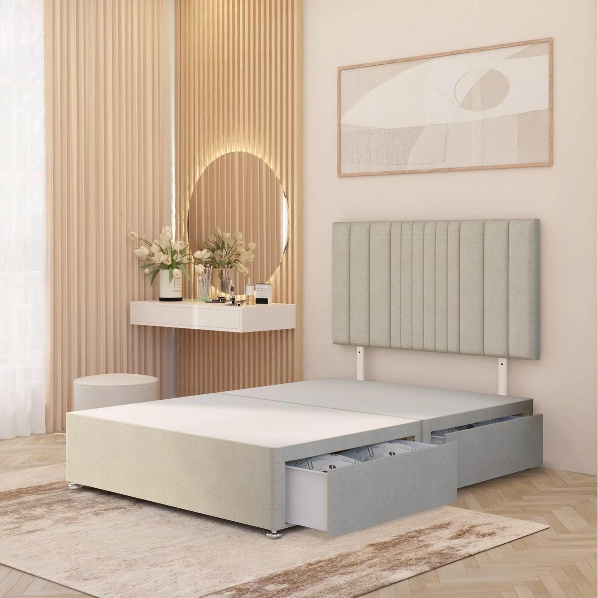 Arizona Tweed Fabric Divan Bed Base with Drawers and 32" Headboard - Natural / Small Double / 4 Drawers