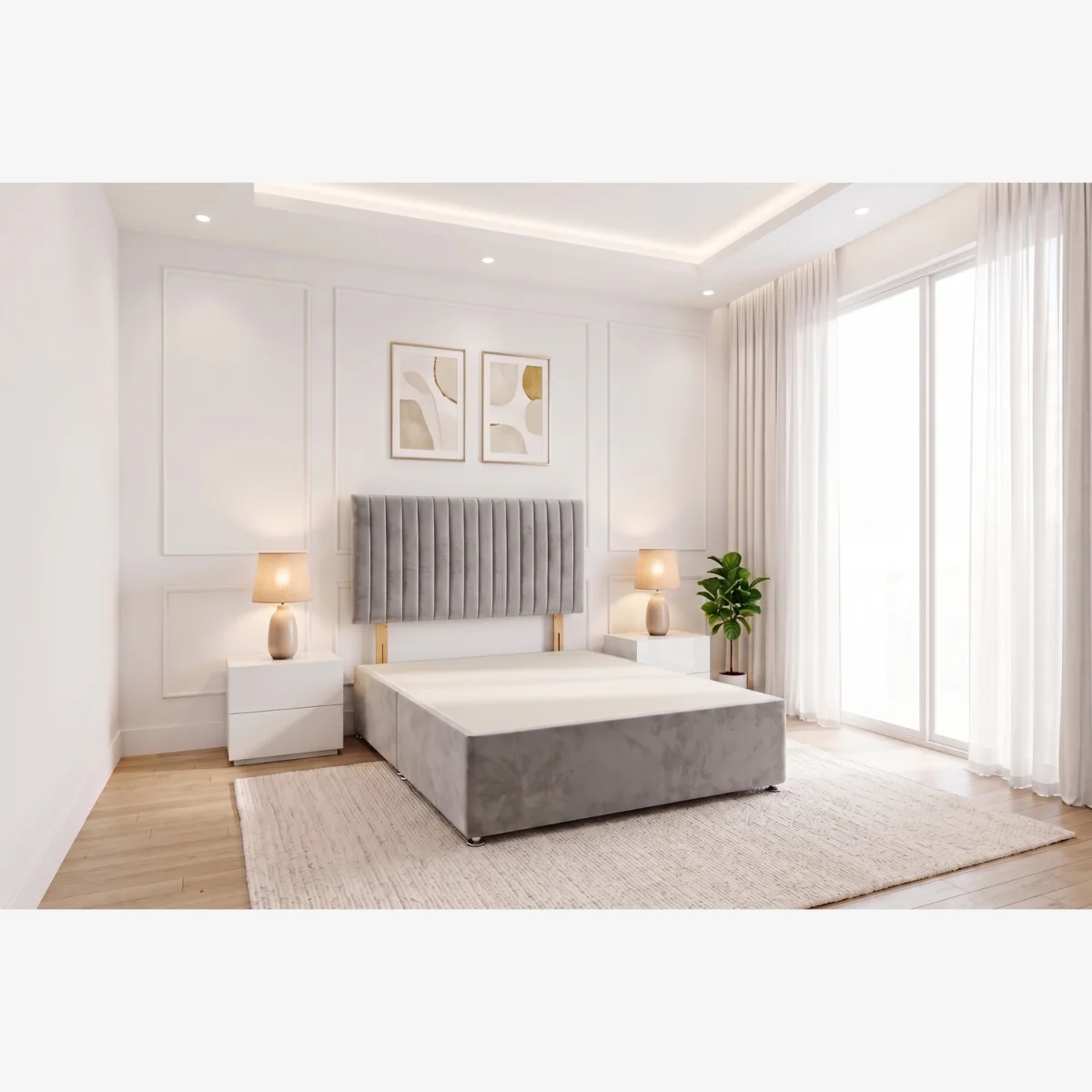 Emily No Draw Divan Bed Base with Headboard Plush Velvet - Silver / King