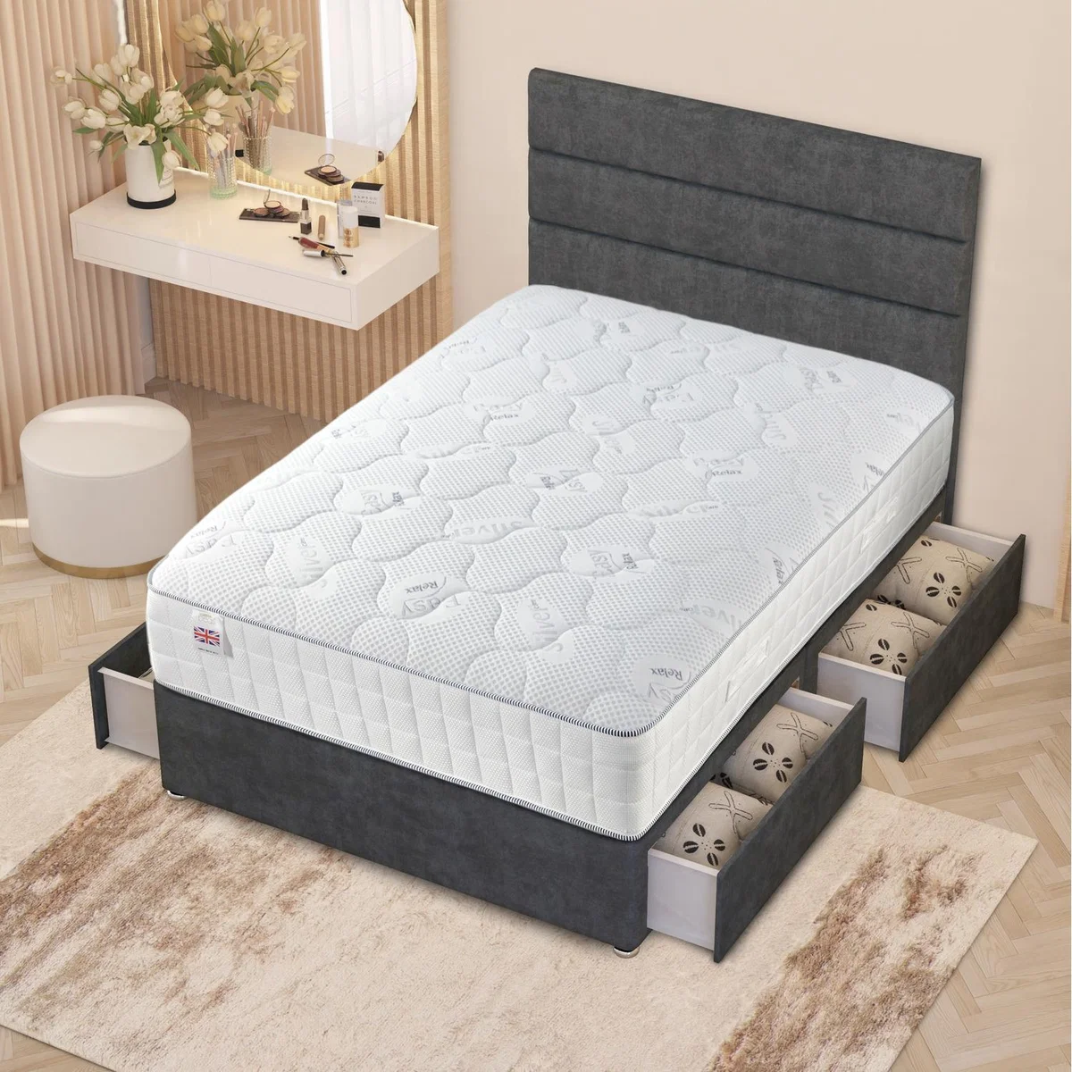 Horizona Velvet Divan Bed Set Pocket Spring Mattress Floor Standing Headboard - Charcoal / 4 / King