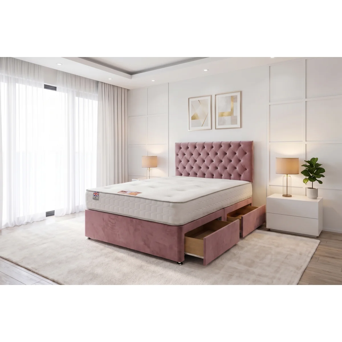 Athens Plush Bed Set With Mattress, 2 Drawers Same Side & 24"Headboard - Emerald – image 2