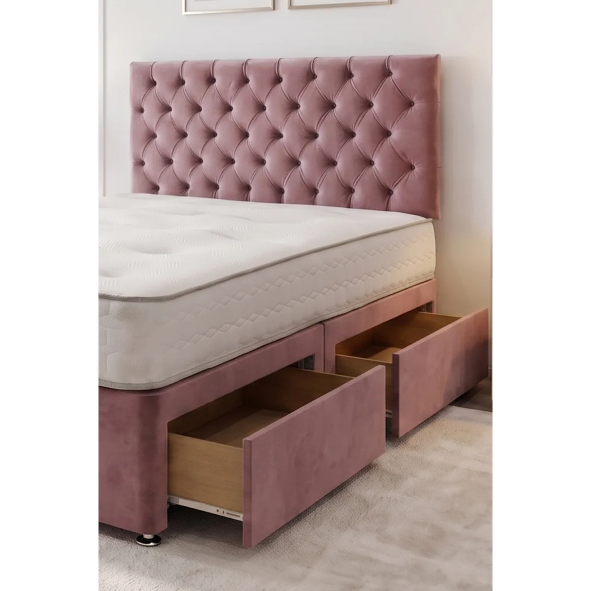 Athens Plush Bed Set With Mattress, 2 Drawers Same Side & 24"Headboard - Emerald – image 4