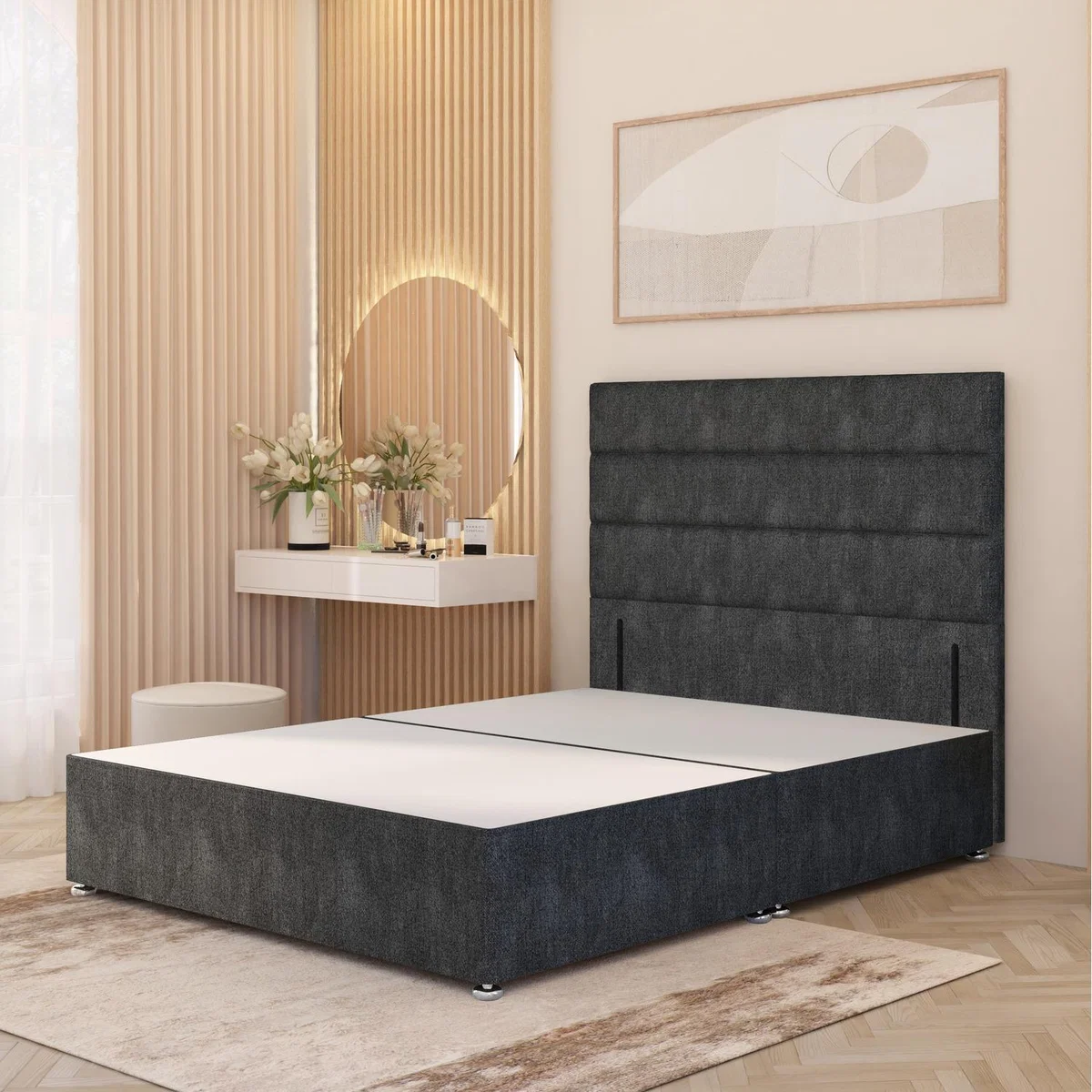 Horizona Tweed Fabric Divan Bed Base with 54" Floor Standing Headboard - Charcoal / Small Single / No Drawers