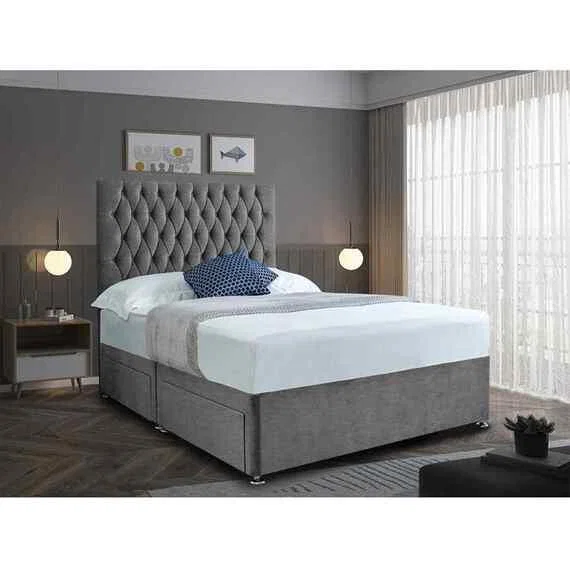Jemma Divan Bed with Headboard Mattress-Chenille Fabric, 2 Drawers Left Side - Silver / Grey / Superking / Super King
