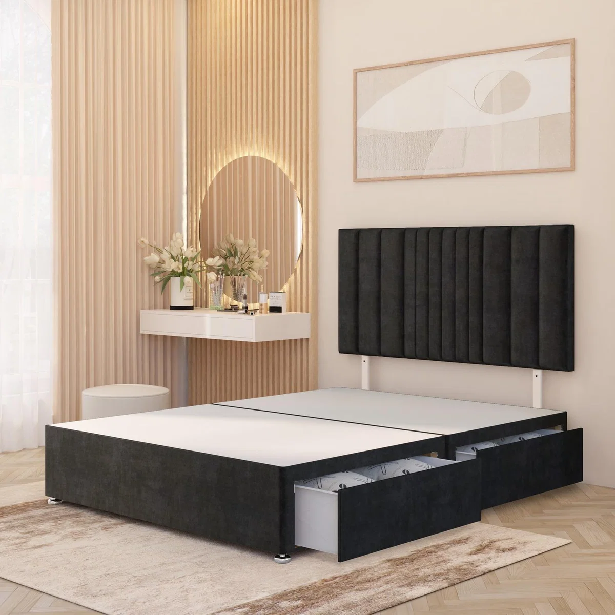 Arizona Plush Velvet Divan Bed Base with Drawers and 32" Headboard - Black / Double / 4 Drawers
