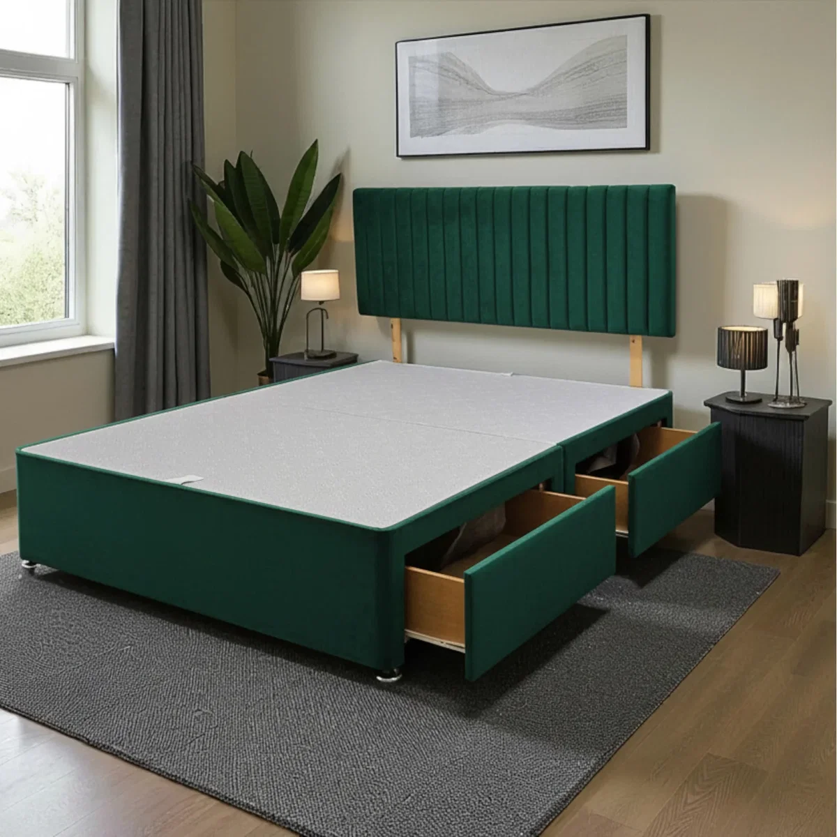 Emily Divan Bed Base 2 Drawers and Headboard - Emerald / Single