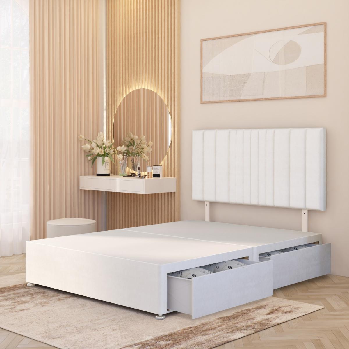 Arizona Plush Velvet Divan Bed Base with Drawers and 32" Headboard - White / King / 2 Drawers