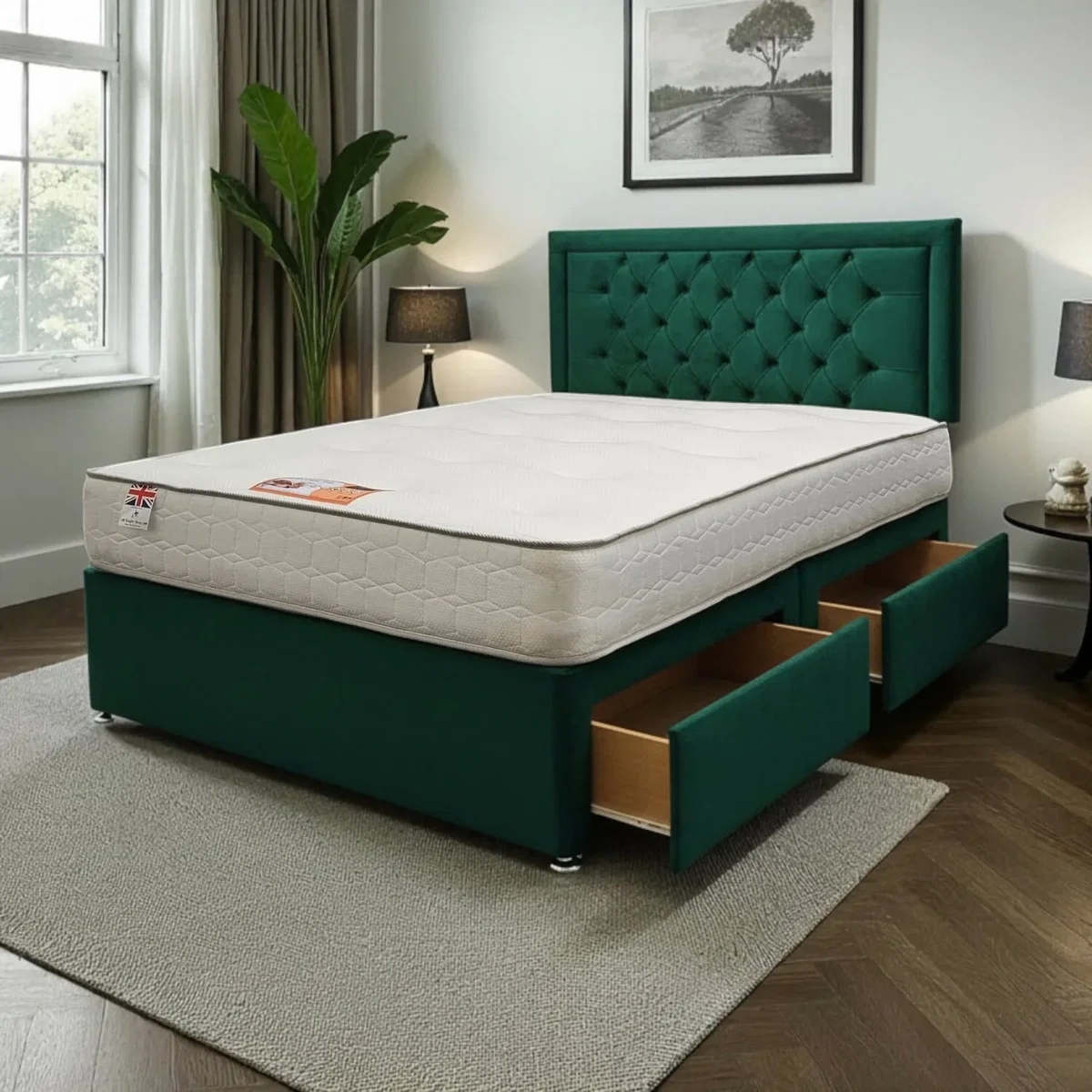 Ellis Plush Bed Set With Mattress, 2 Drawers Same Side & 24"Headboard - Emerald / Small Single – image 1