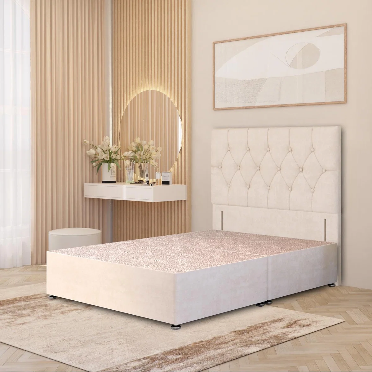 Chesterfield Velvet Divan Bed Base with 54" Floor Standing Headboard and Drawers - Ivory / Small Double / No Drawers