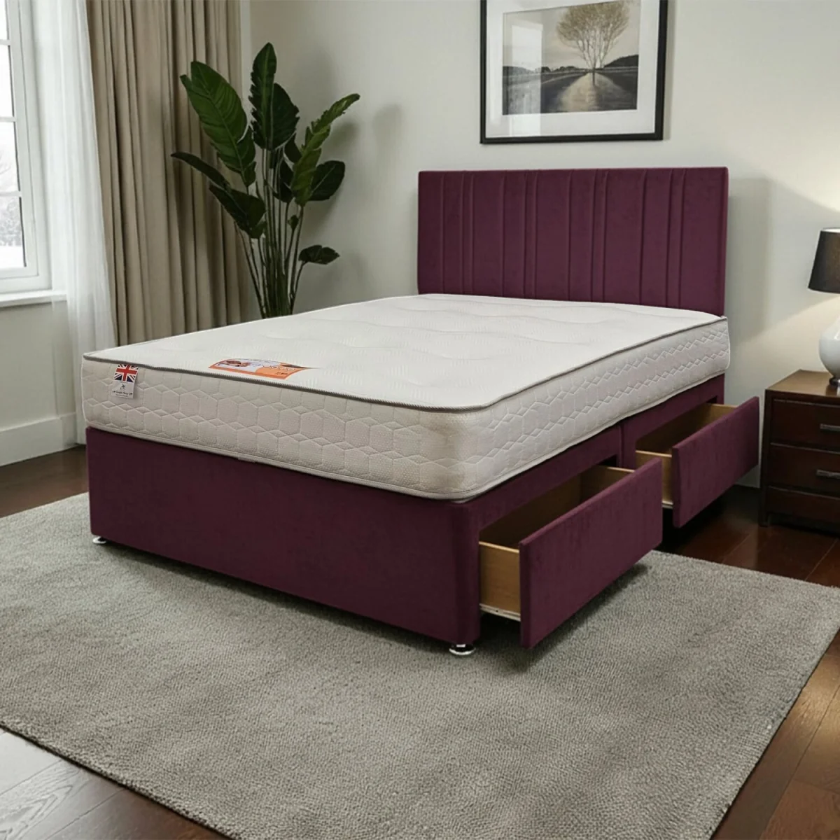 SKY Plush Bed Set With Mattress, 2 Drawers Same Side & 24"Headboard - Aubergine / Small Double – image 2
