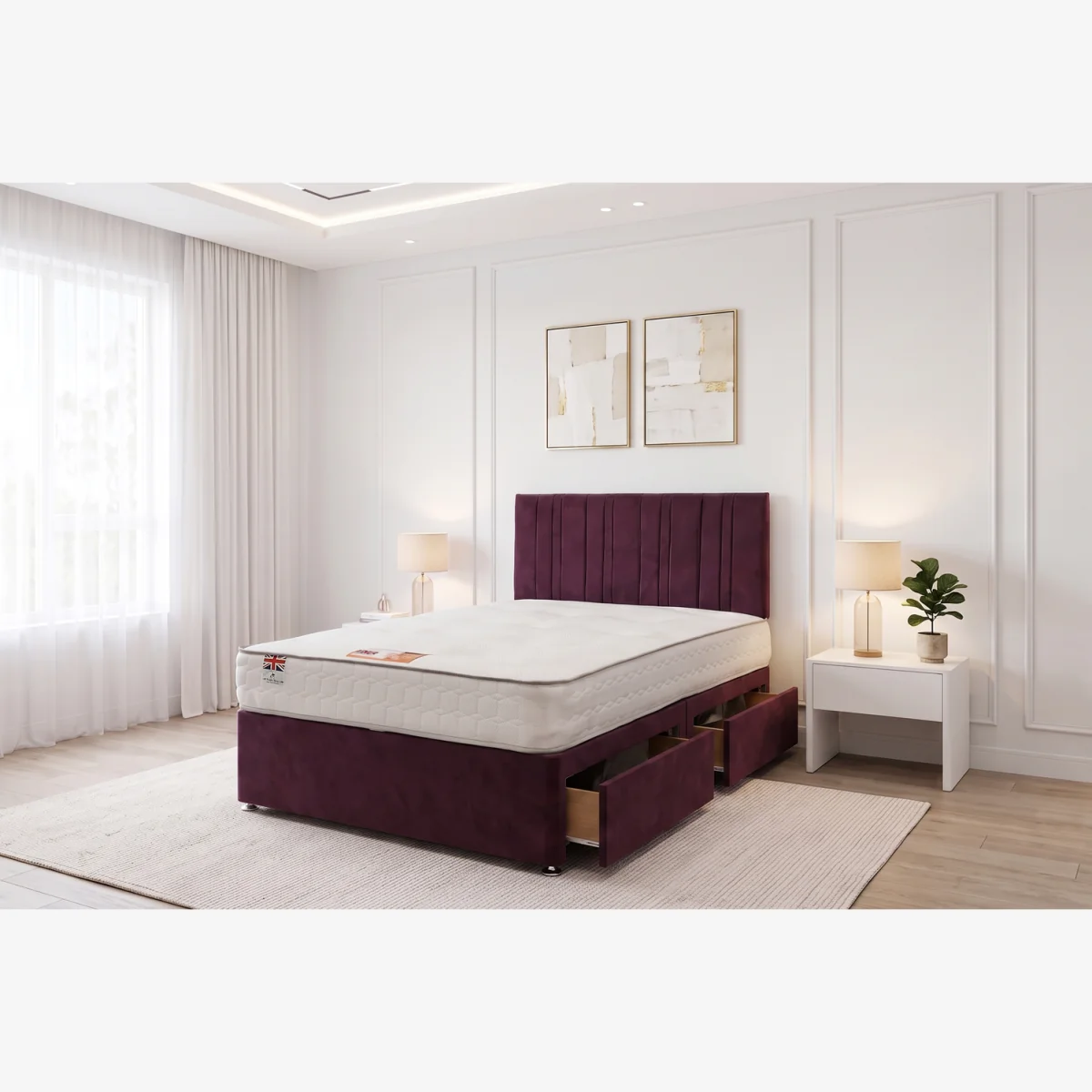 SKY Plush Bed Set With Mattress, 2 Drawers Same Side & 24"Headboard - Aubergine / Small Double – image 1