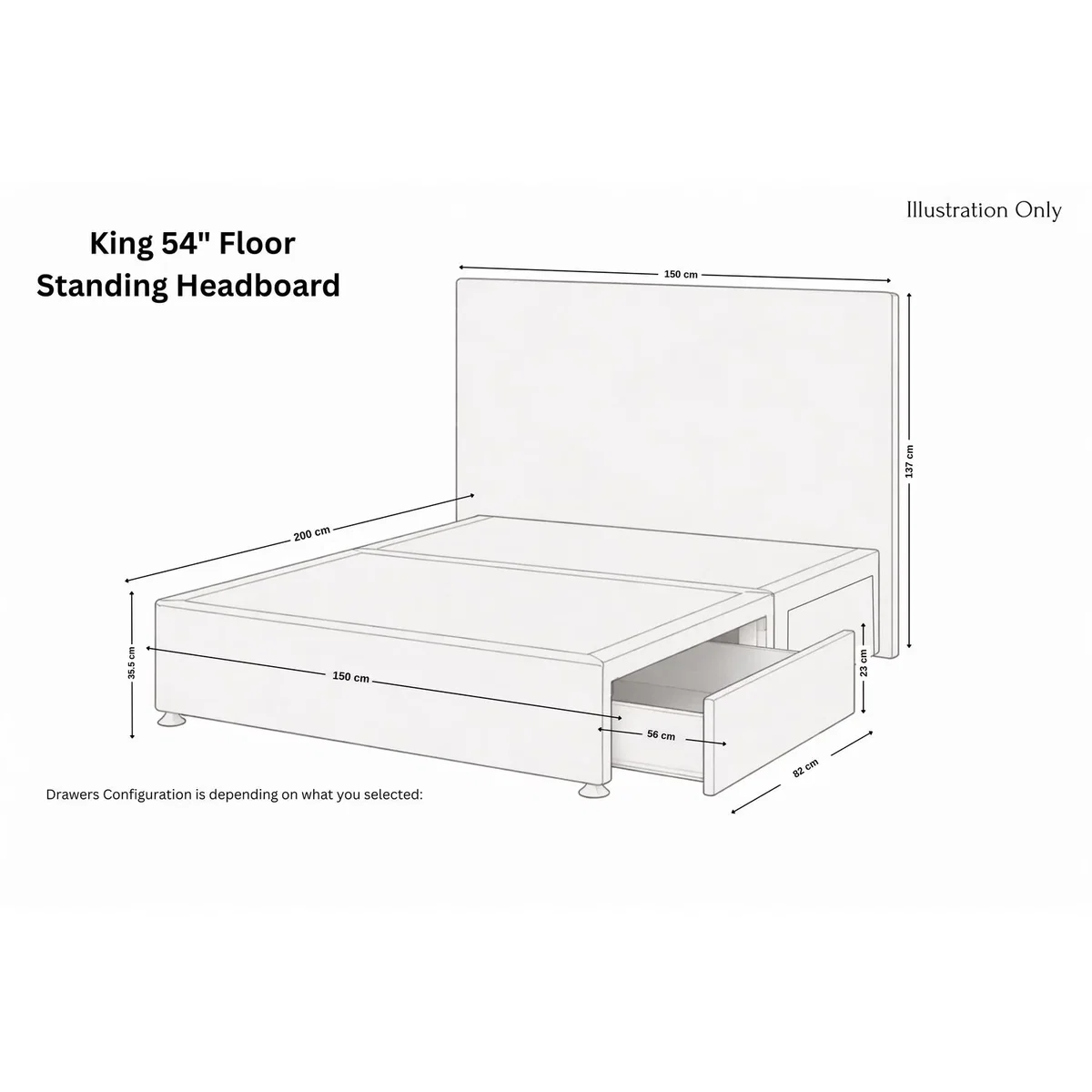 Sloomy Kansas Cream Plush Divan Bed Base 2 Drawers Same Side 54 Inch Floor Standing Headboard - Cream / 1200mm – image 3