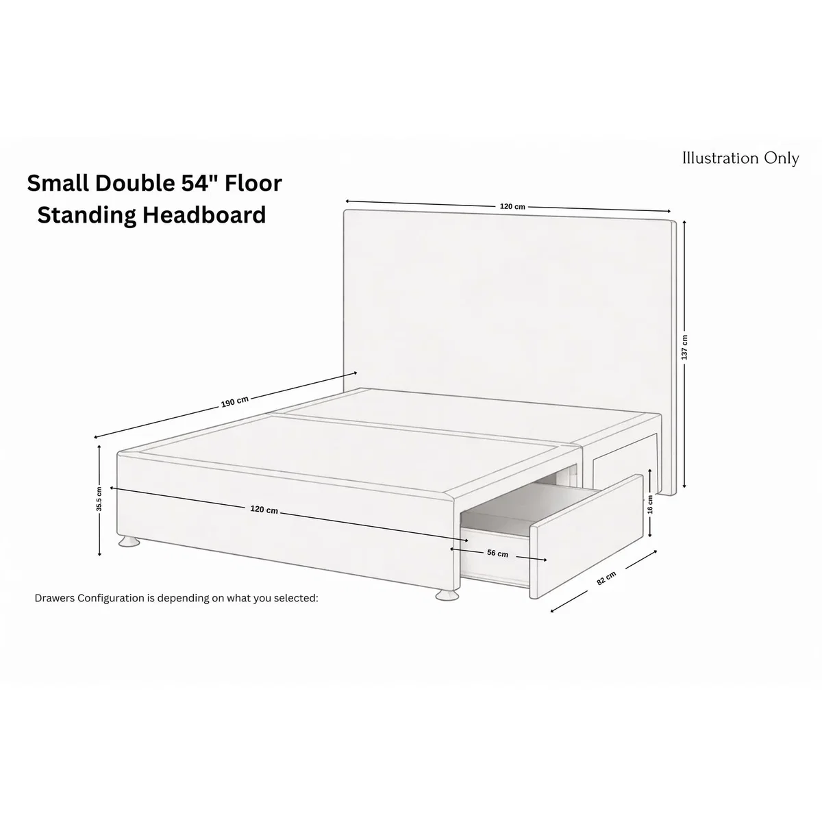 Sloomy Kansas Cream Plush Divan Bed Base 2 Drawers Same Side 54 Inch Floor Standing Headboard - Cream / 1200mm – image 4