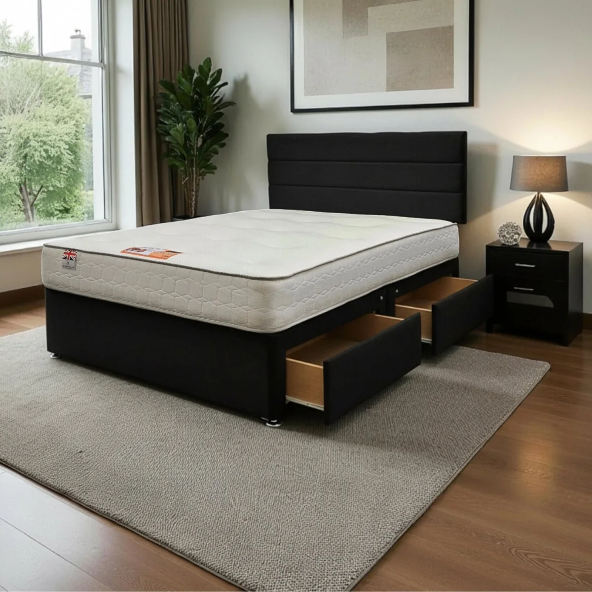 York Plush Bed With Mattress, 2 Drawers Same Side & Headboard - Black / Double – image 1