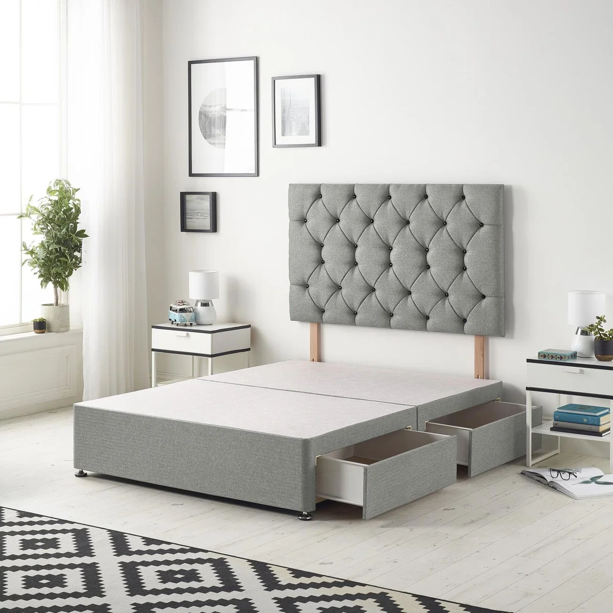 Savoy Tweed Fabric Divan Bed Base with 32" Diamante Headboard and Drawers - Grey / Small Double / 4 Drawers