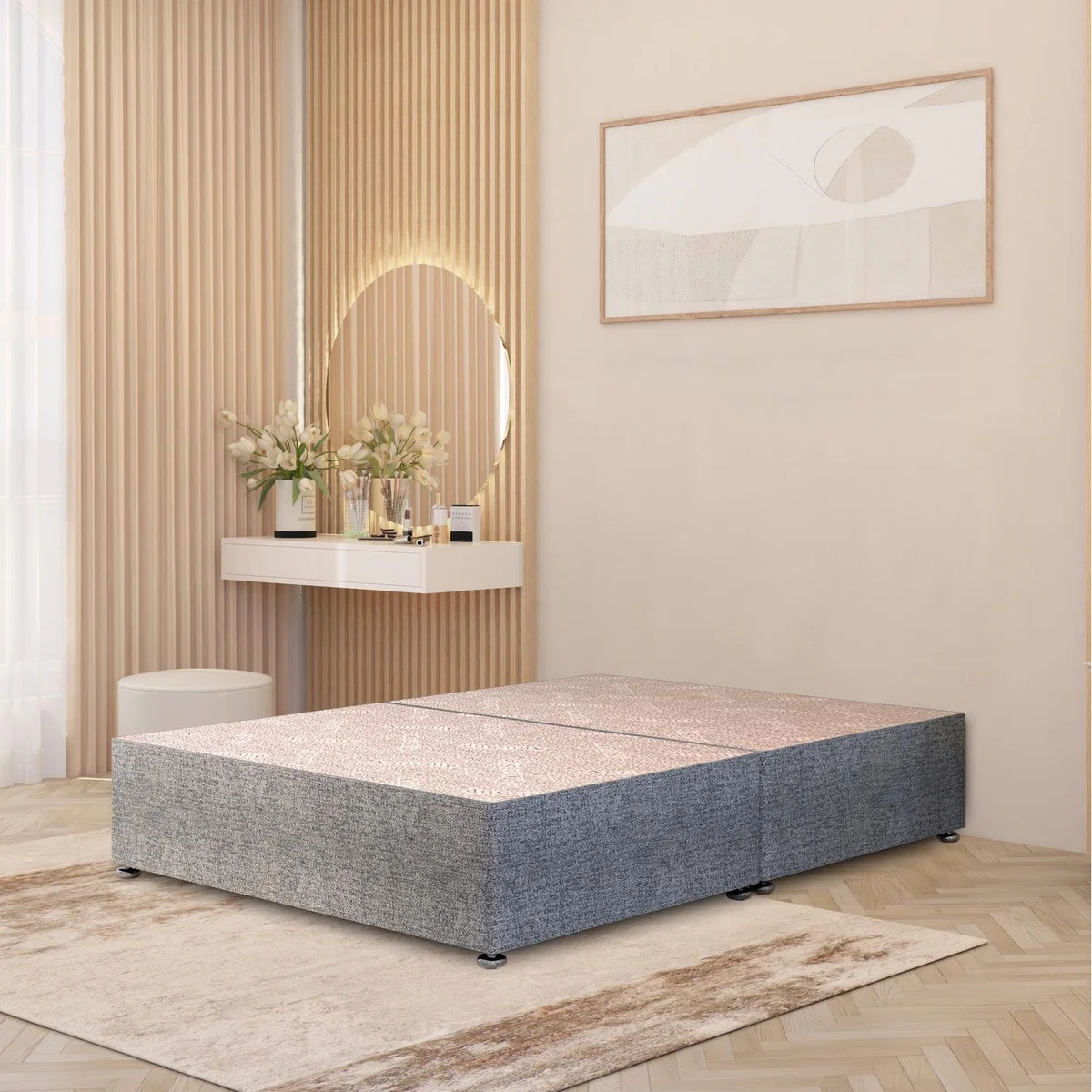 Divan Bed Base Tweed Fabric Solid Platform Top with Draw Options - Grey / 193cm / No Drawers / Single