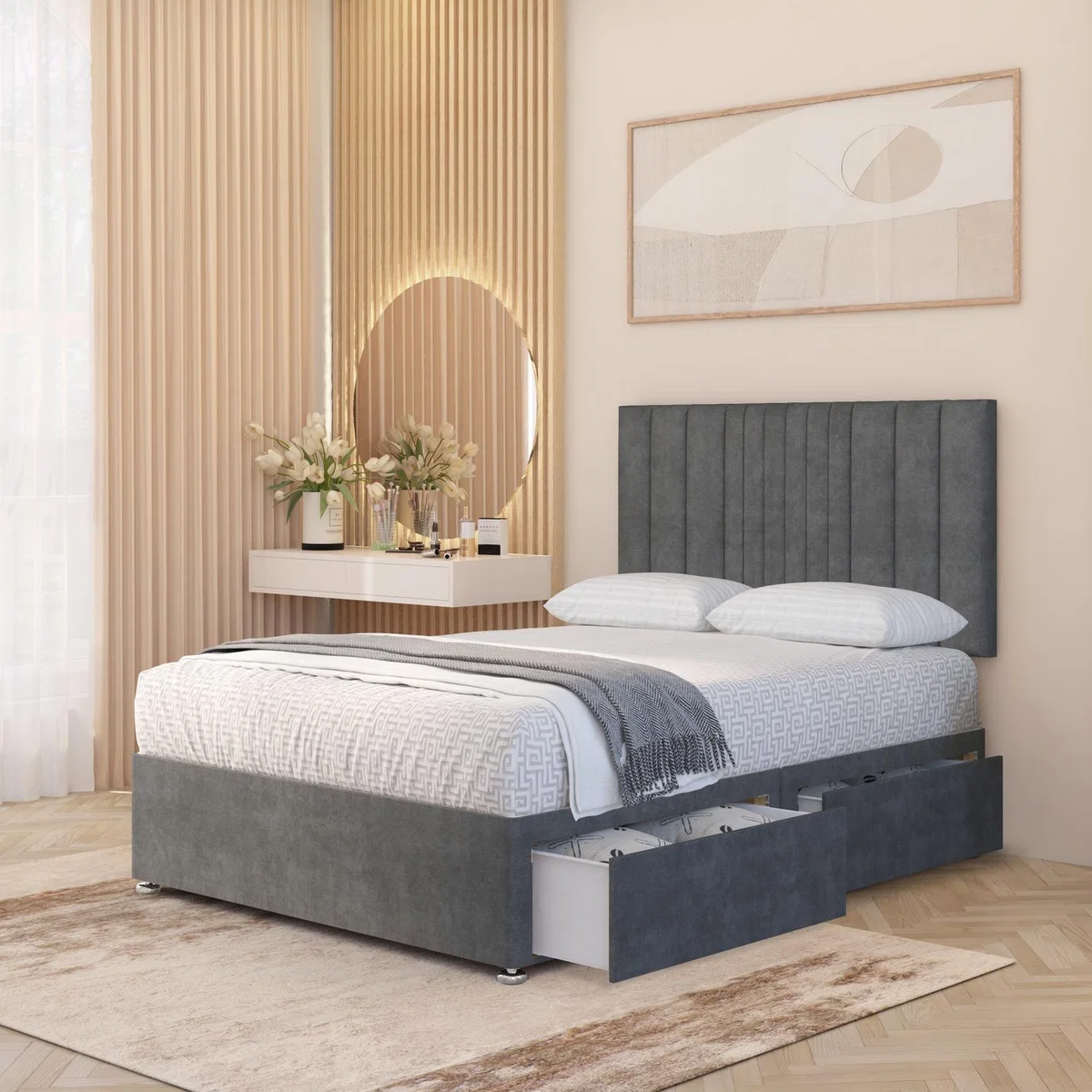 Arizona Plush Velvet Orthopaedic Divan Bed Set Hybrid Mattress and 32" Headboard - Silver / King / 4 Drawers