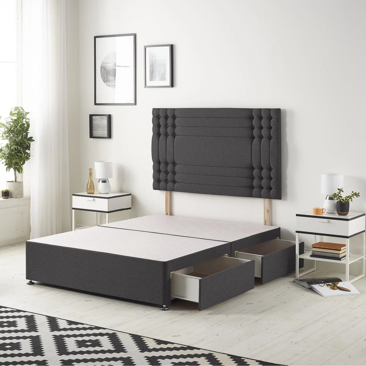 Saville Velvet Divan Base with 32" Diamante Headboard and Drawers - Black / 4 / Small Double