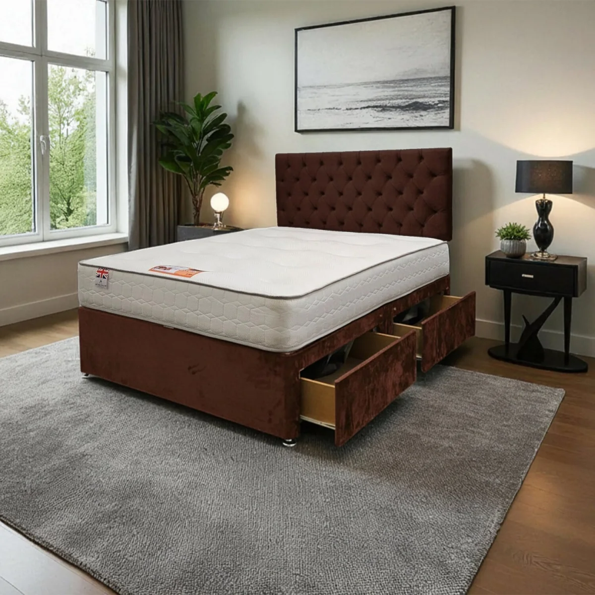 Athens Plush Bed Set With Mattress, 2 Drawers Same Side And 24"Headboard - Mocca / Fabric / Double – image 2