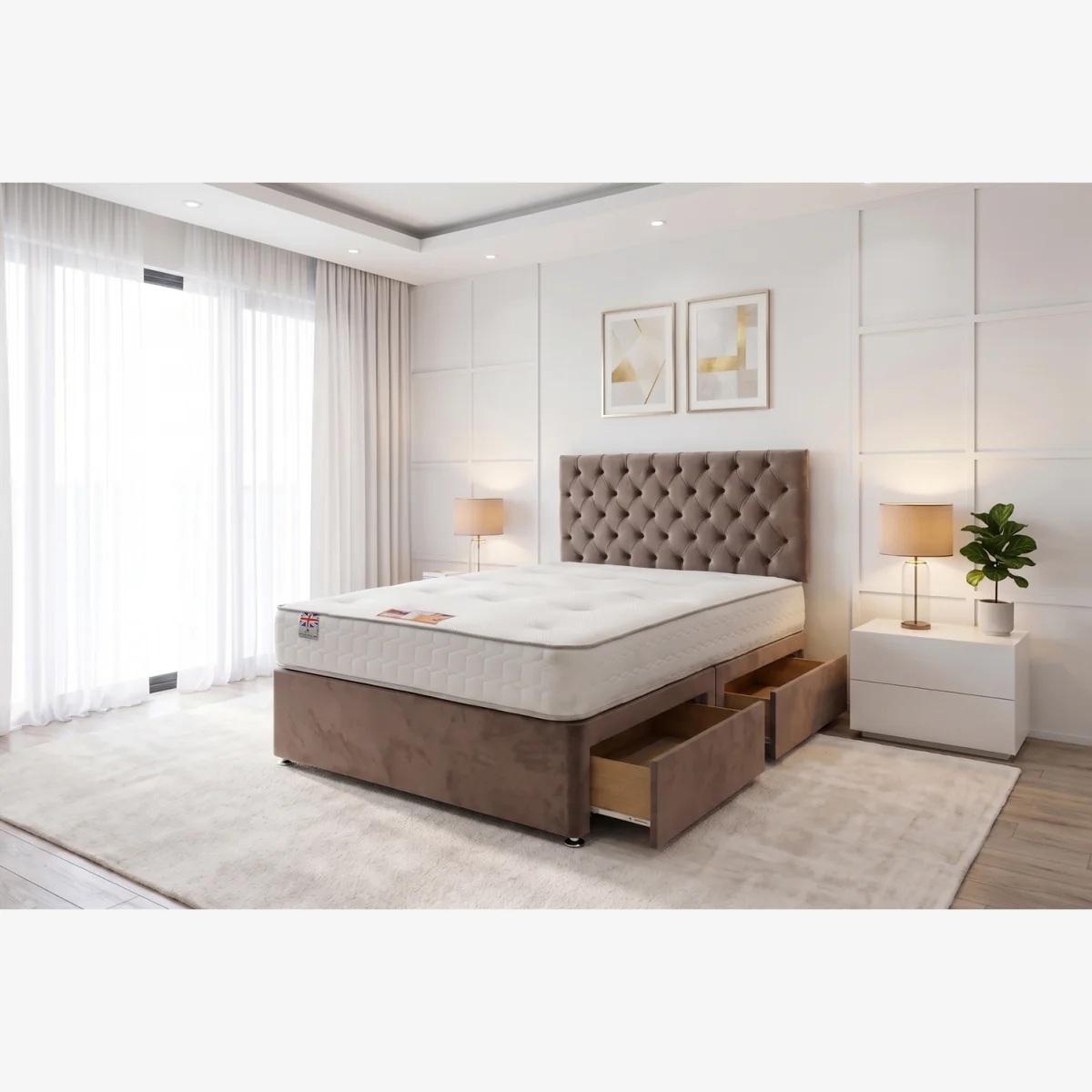 Athens Plush Bed Set With Mattress, 2 Drawers Same Side And 24"Headboard - Mocca / Fabric / Double – image 1