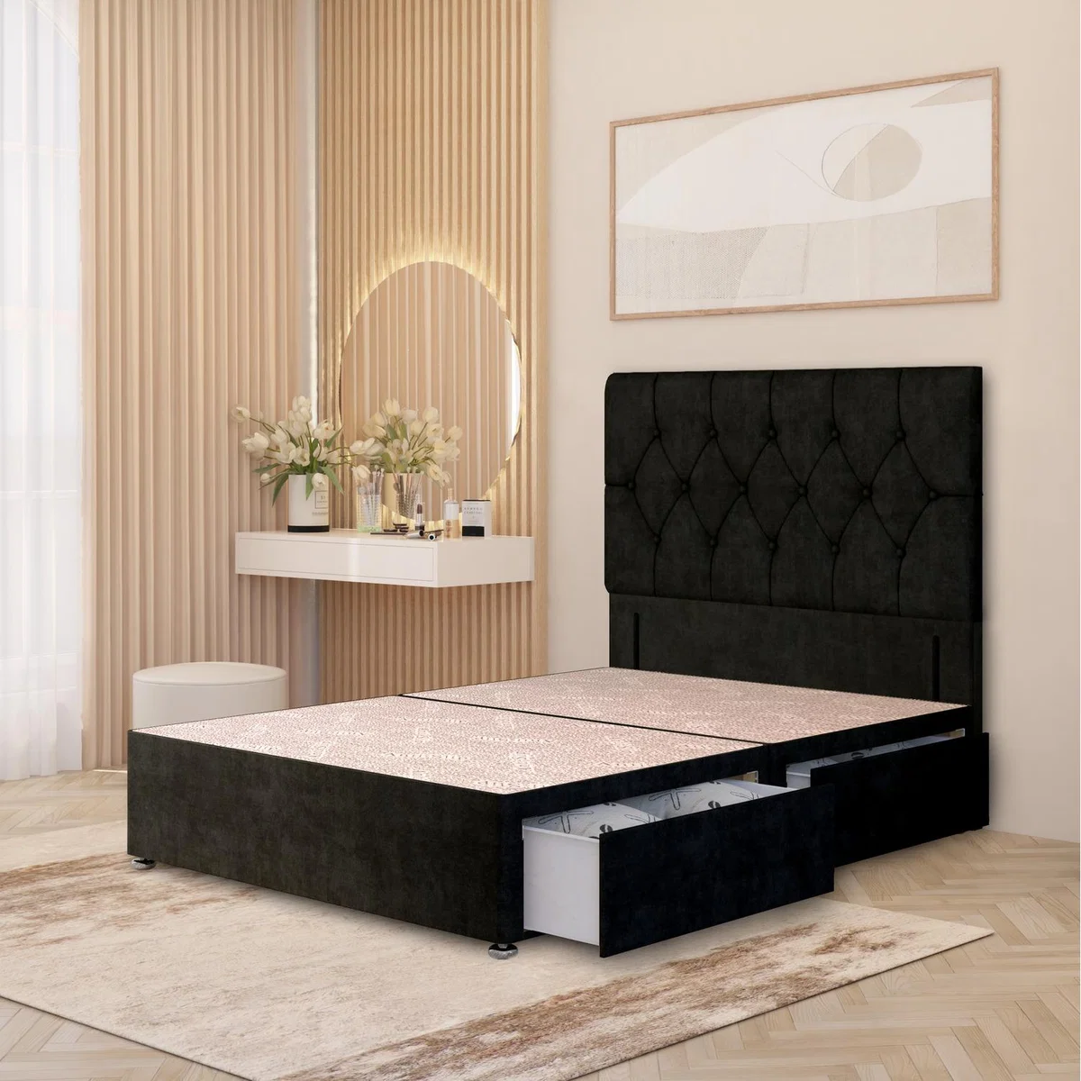 Chesterfield Velvet Divan Bed Base with 54" Floor Standing Headboard and Drawers - Black / Small Double / 2 Drawers