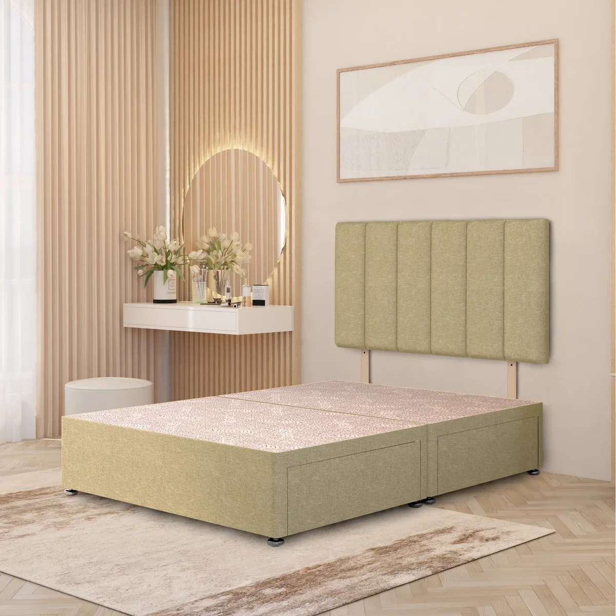 Linen Fabric Divan Bed Base with 32" Austin Headboard Storage Drawer Options - Sage / Small Double / 45.5kg