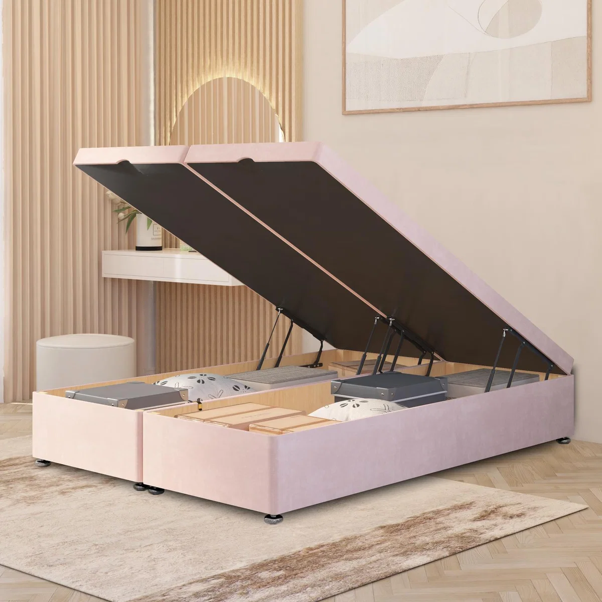 Ottoman Divan Bed Frame End Opening Gas Lift Plush Velvet - Pink / King