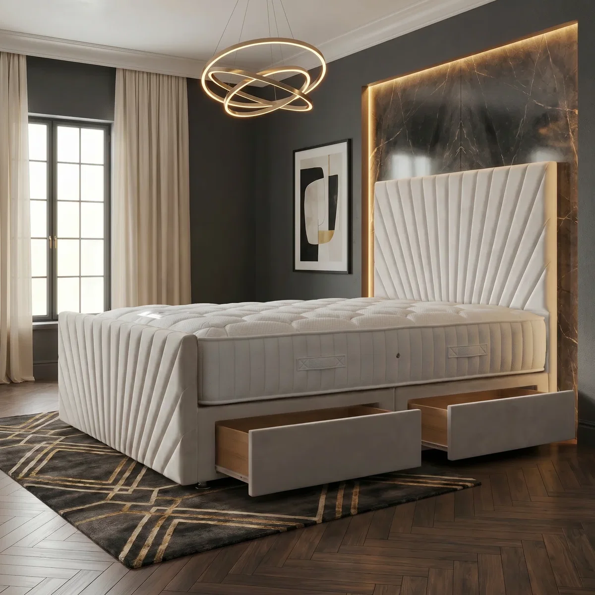 Sunrise Velvet Divan Bed with Mattress 54" Headboard and 22" Footboard - White / 2 / King