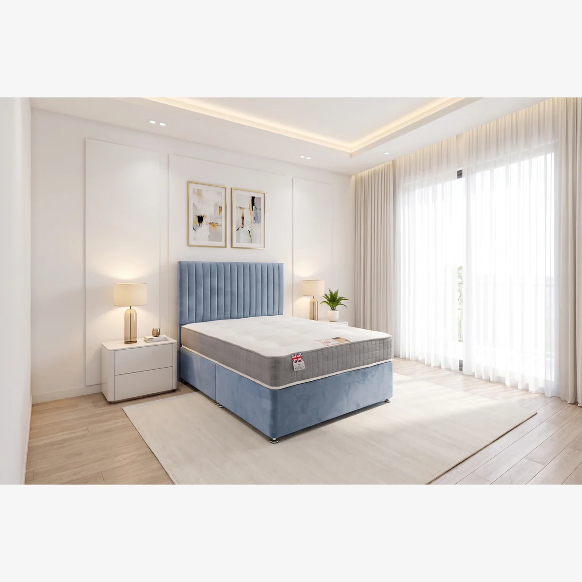 Emily Sky Plush 5FT Bed Set With Orthopaedic Mattress, No Drawers & 24"Headboard - King Size - Sky Blue / King – image 1
