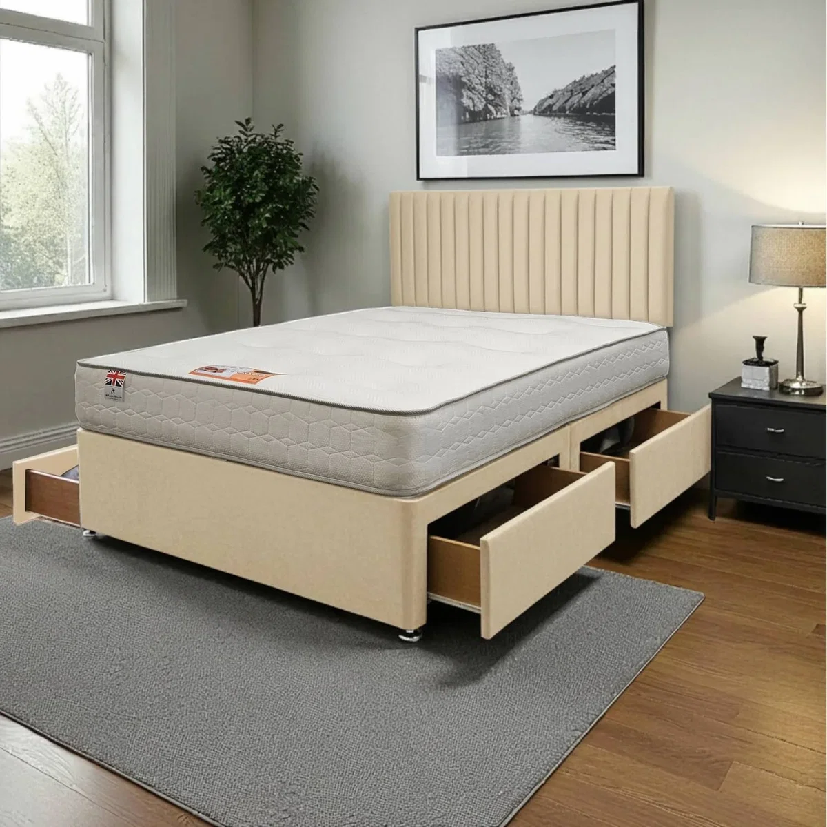 Emily Plush Bed Set With Mattress, 4 Drawers And 24"Headboard - Cream / King