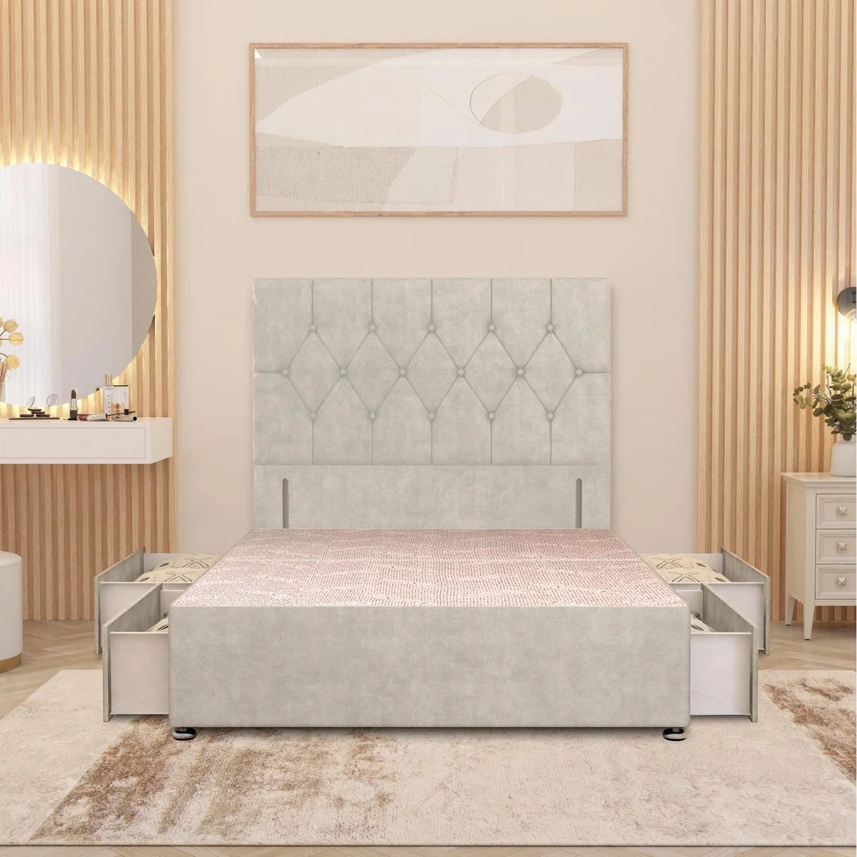 Chesterfield Velvet Divan Bed Base with 54" Floor Standing Headboard and Drawers - Silver / Double / 4 Drawers
