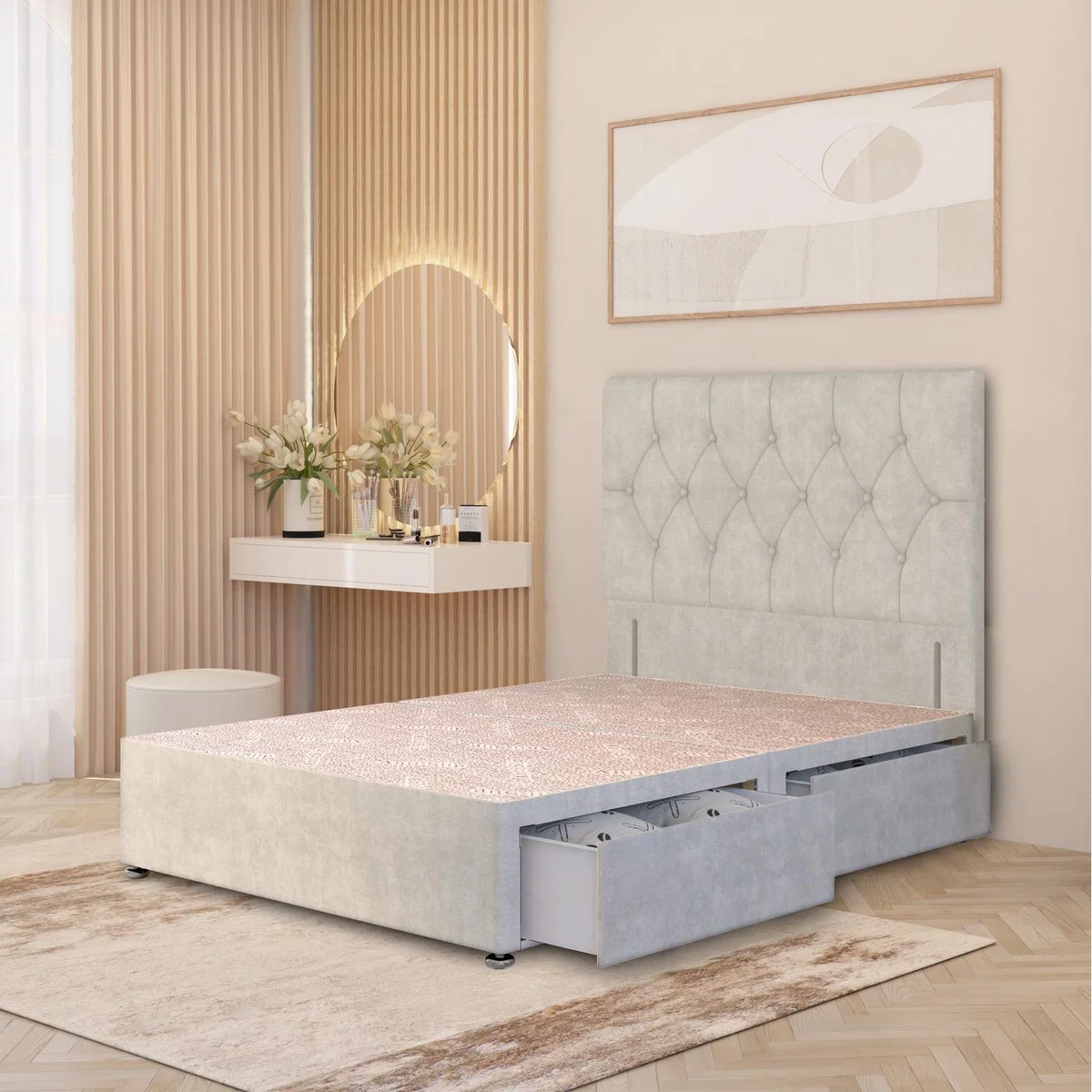 Chesterfield Velvet Divan Bed Base with 54" Floor Standing Headboard and Drawers - Silver / King / 2 Drawers