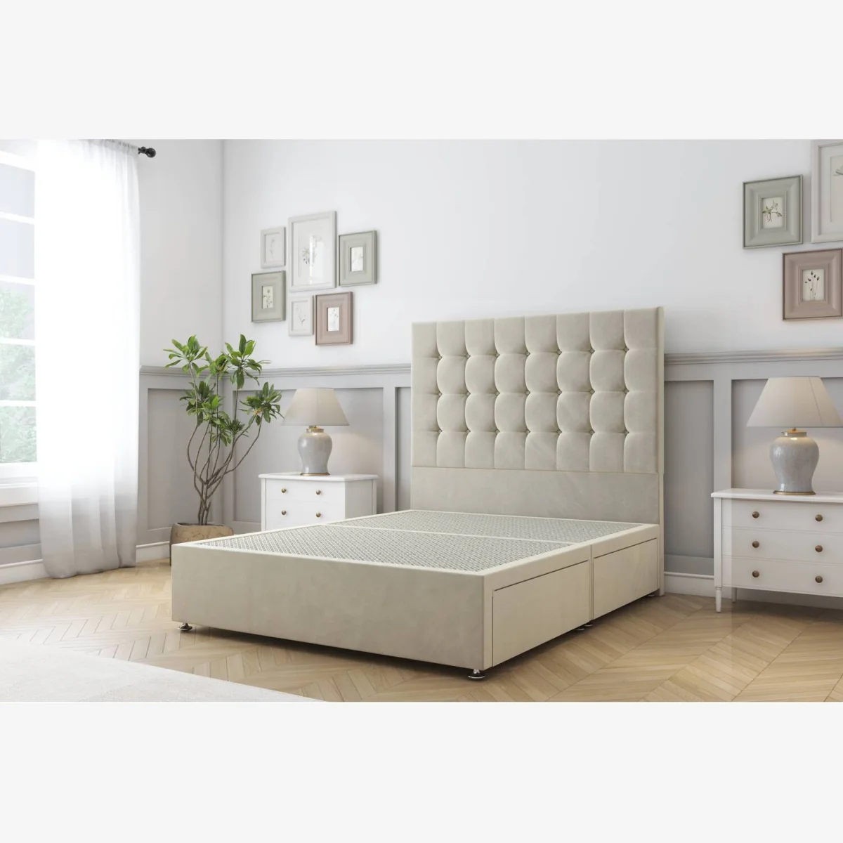 Alabama Cream Plush Divan Bed Base No Drawers - 54 Inch Floor Standing Headboard - Cream / 1350mm – image 1
