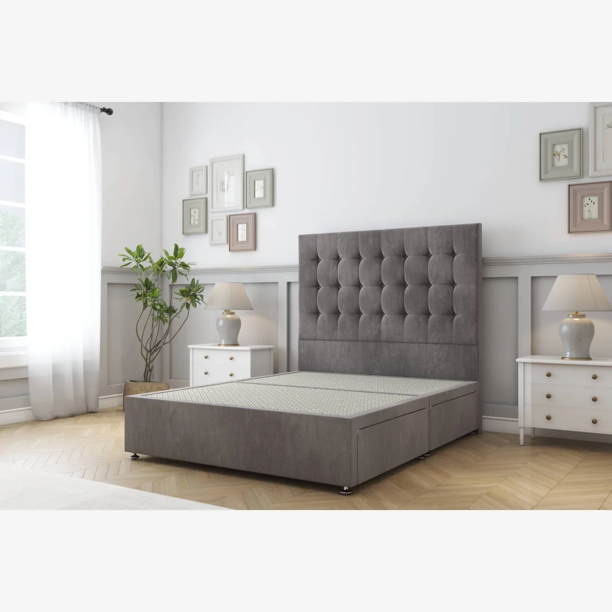 Alabama Slate Naples Divan Bed Base No Drawers - 54 Inch Floor Standing Headboard - Slate / 1800mm – image 1