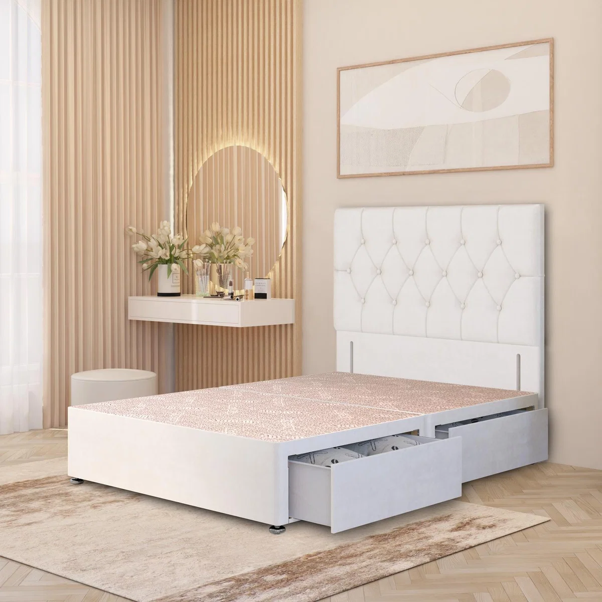 Chesterfield Velvet Divan Bed Base with 54" Floor Standing Headboard and Drawers - White / King / 2 Drawers