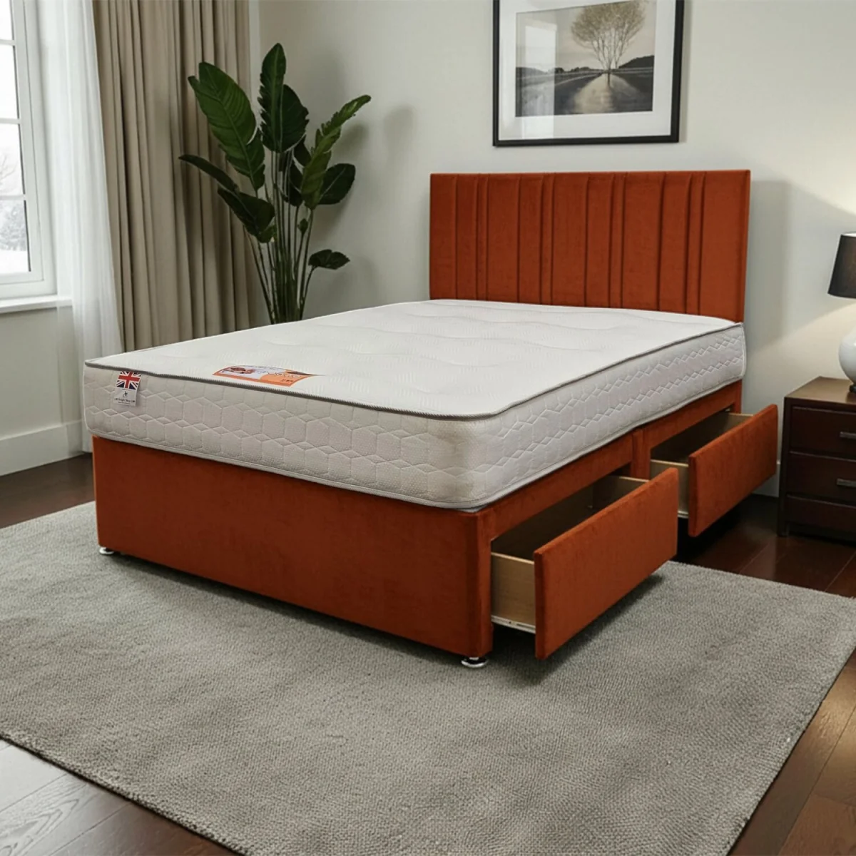 SKY Plush Bed Set With Mattress, 2 Drawers Same Side & 24"Headboard - Orange / Super King – image 2