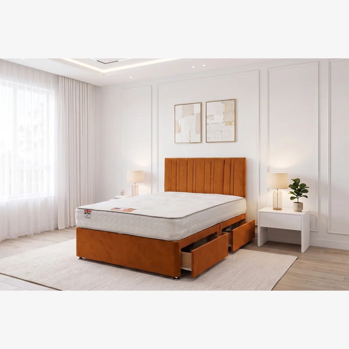 SKY Plush Bed Set With Mattress, 2 Drawers Same Side & 24"Headboard - Orange / Super King – image 1