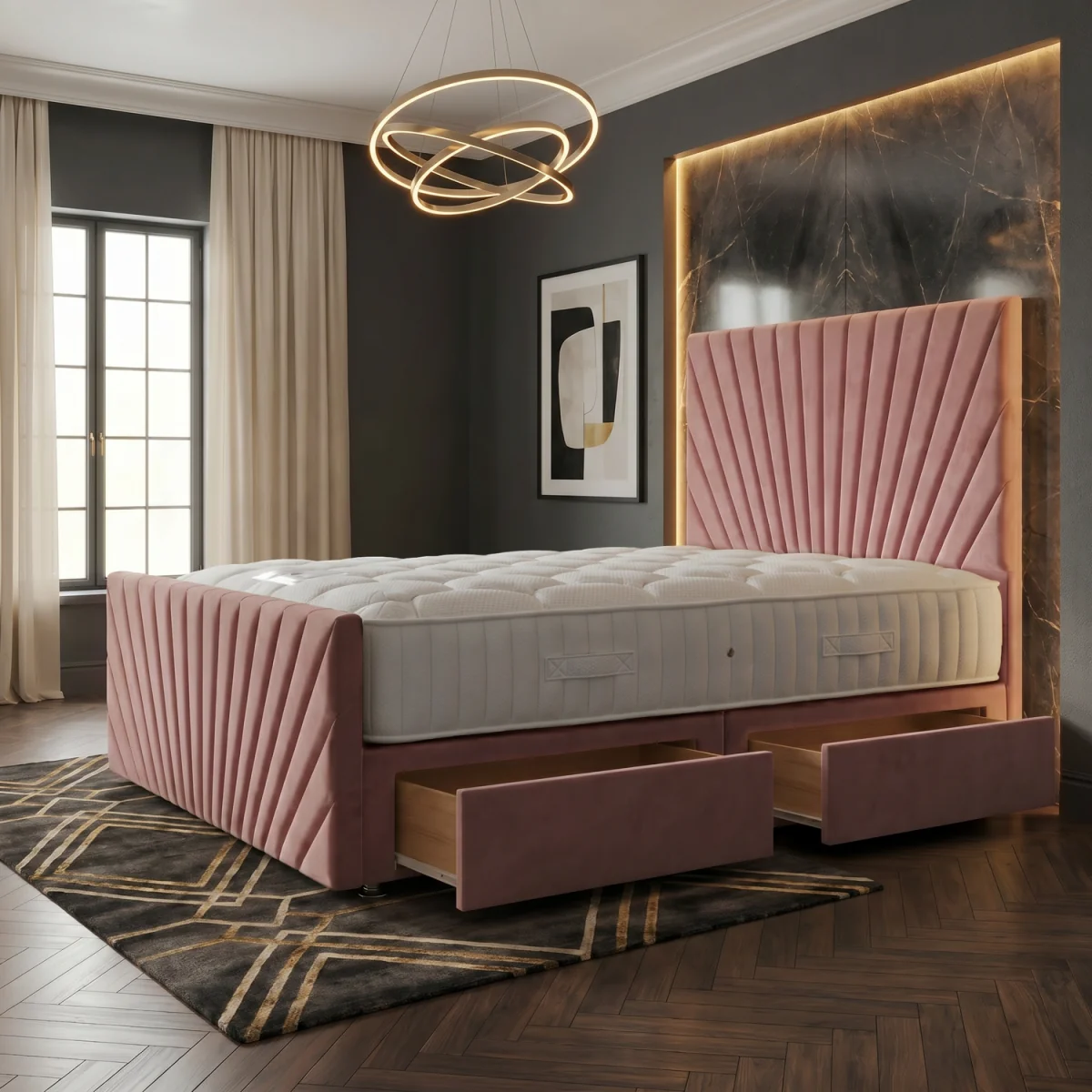 Sunrise Velvet Divan Bed with Mattress 54" Headboard and 22" Footboard - Pink / 2 / Small Double