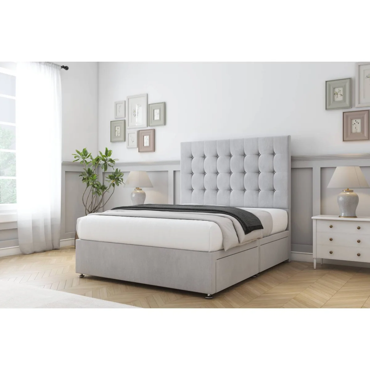 Alabama Silver Naples Divan Bed Base 2 Drawers Same Side - 54 Inch Floor Standing Headboard - Silver / 1350mm – image 3
