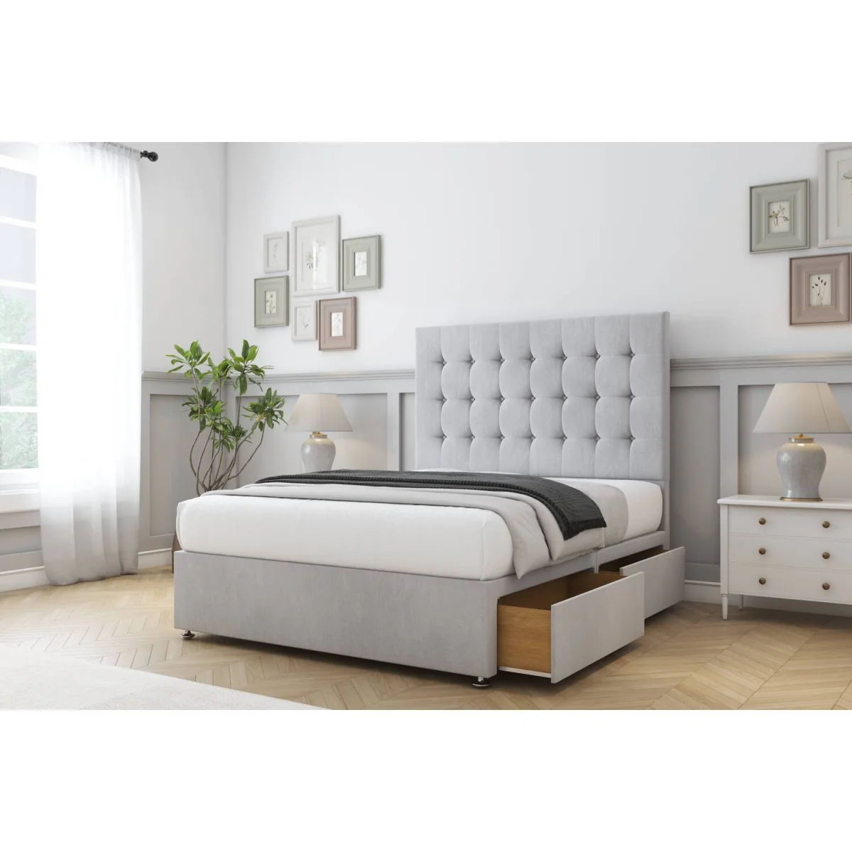 Alabama Silver Naples Divan Bed Base 2 Drawers Same Side - 54 Inch Floor Standing Headboard - Silver / 1350mm – image 4