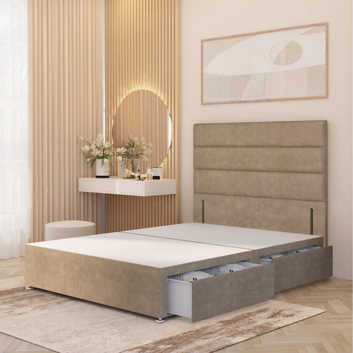 Horizona Velvet Divan Bed Base with 54" Floor Standing Headboard and Drawers - Beige / 4 Drawers / Double