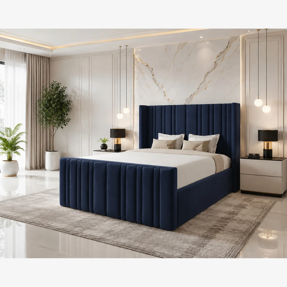 Modern Luxury Luxe Line Whisper Wing Divan Ottoman Storage Bed Plush Velvet Navy Blue - Navy Blue / King – image 1