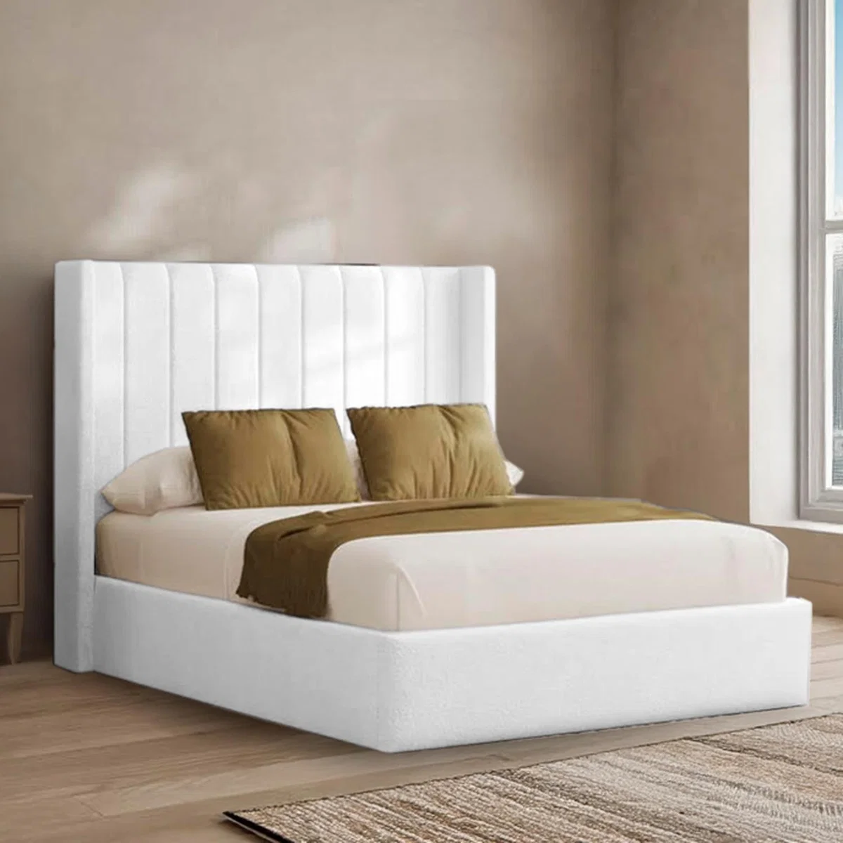Sapphire Divan Bed with 54" Floor Standing Lined Headboard - White / Double / 2x Drawers Foot End