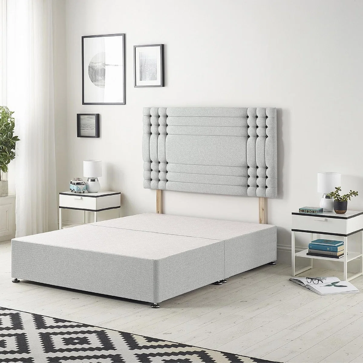 Saville Linen Fabric Solid Top Divan Bed Base with 32" Headboard - Sage / Single / 0
