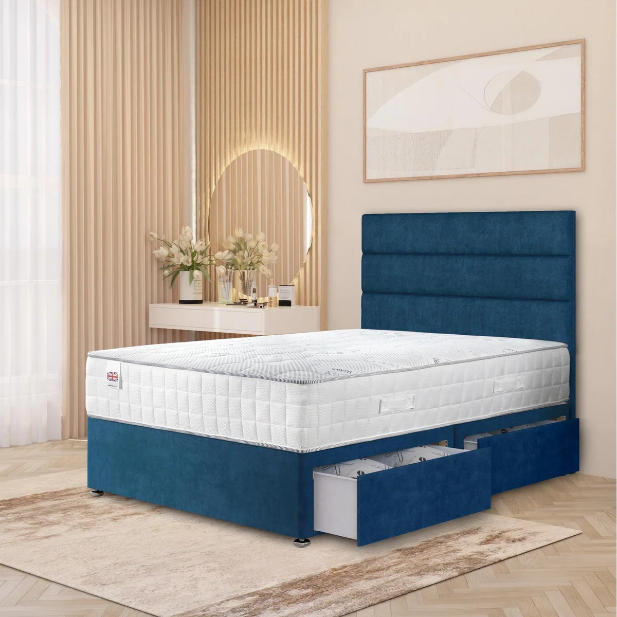 Horizona Velvet Divan Bed Set Pocket Spring Mattress Floor Standing Headboard - Navy / 2 / King