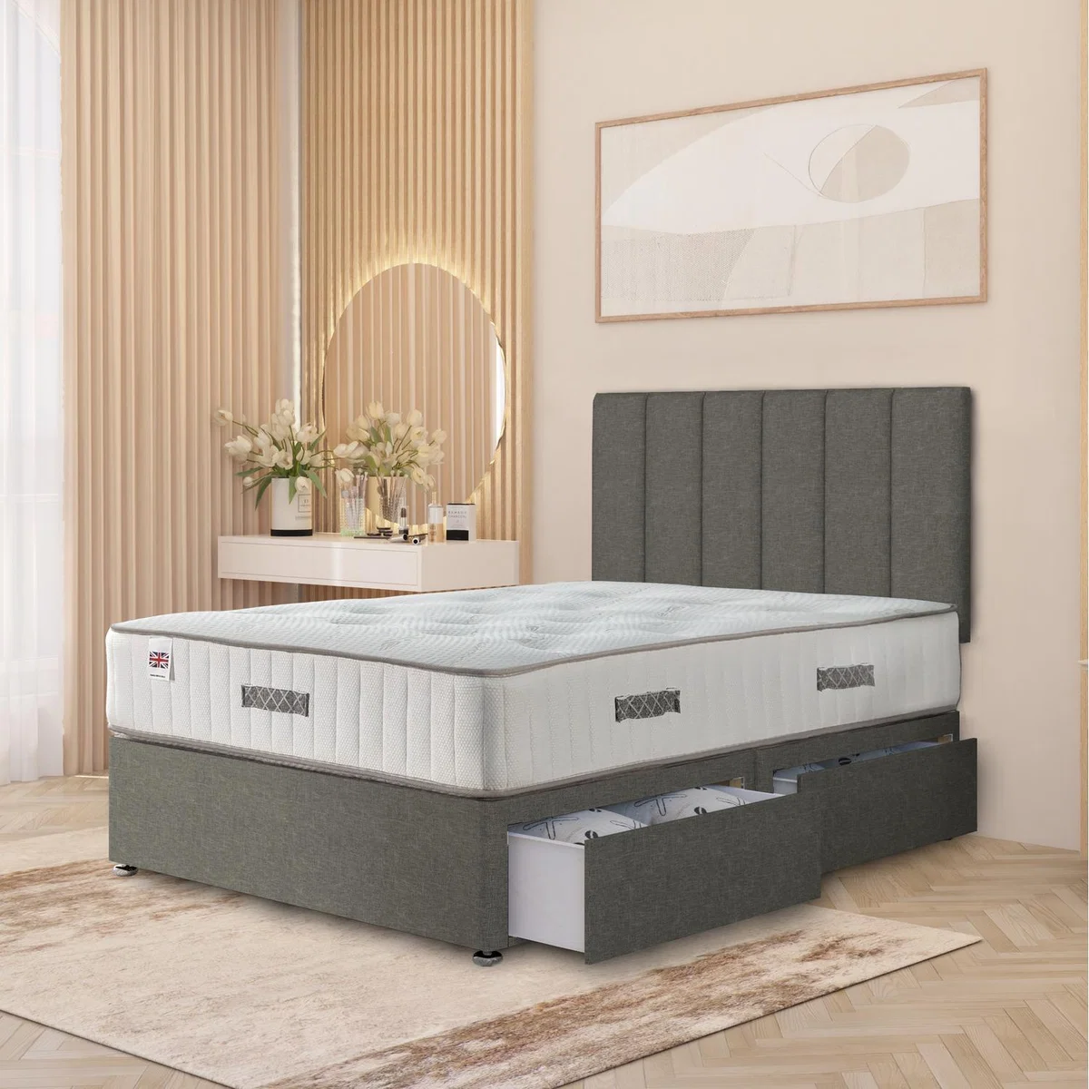 Austin Linen Fabric Storage Divan Bed Hybrid Orthopaedic Mattress 32" Headboard - Silver / Small Single / 2 Drawers