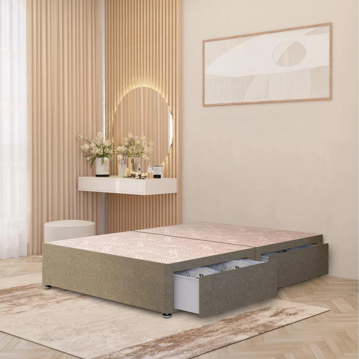 Divan Bed Base Linen Fabric Solid Platform Top with Draw Options - Wheat / Small Single / 2 Drawers