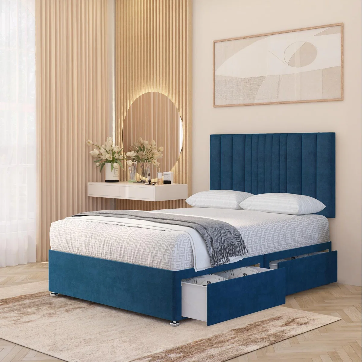 Arizona Plush Velvet Orthopaedic Divan Bed Set Hybrid Mattress and 32" Headboard - Navy / Small Single / 2 Drawers