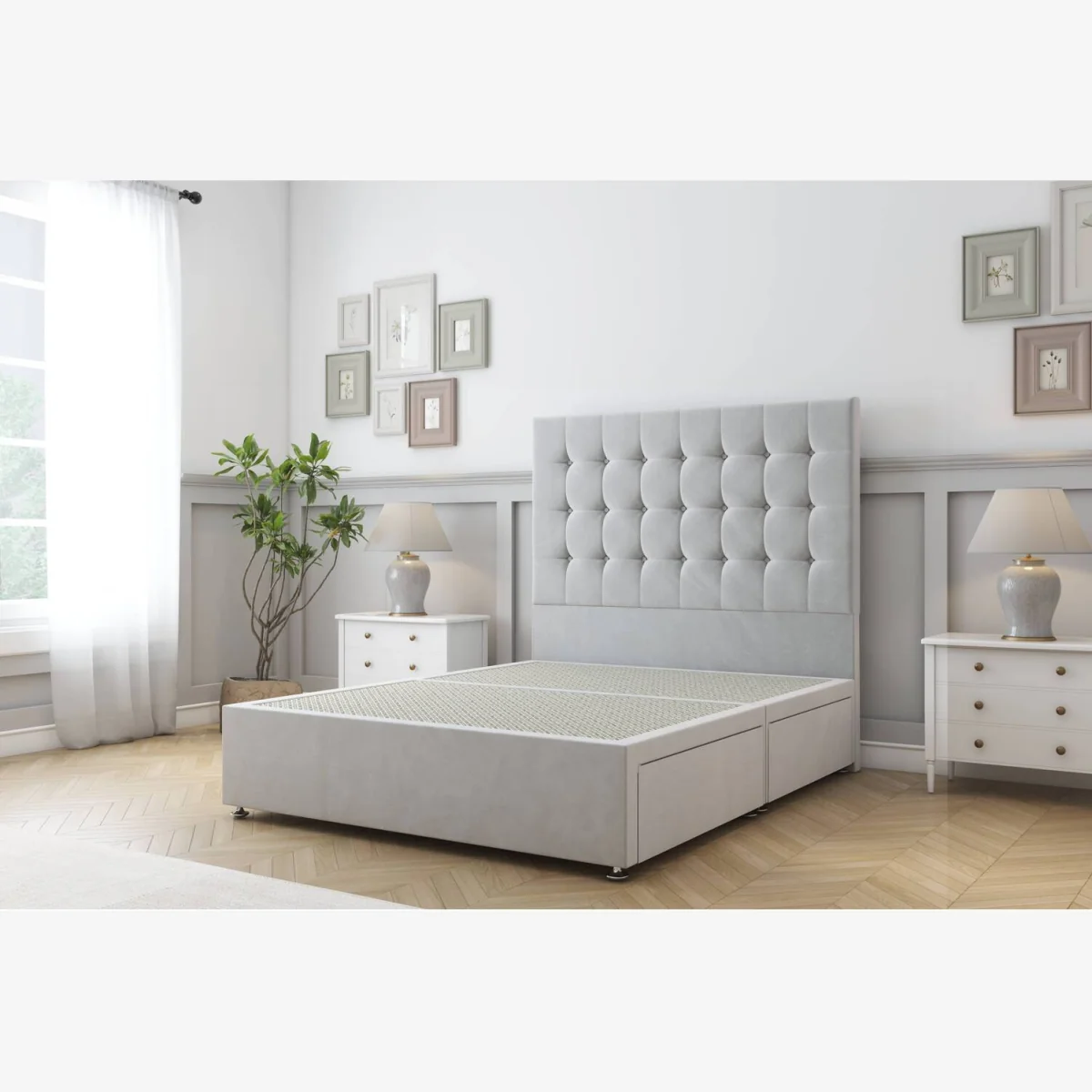 Alabama Silver Plush Divan Bed Base 2 Drawers Same Side - 54 Inch Floor Standing Headboard - Silver / 1800mm – image 1