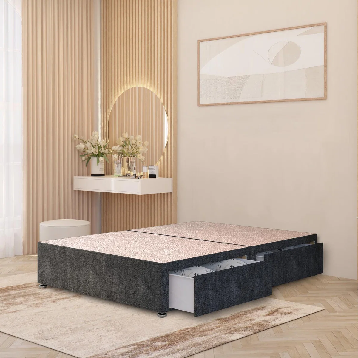 Divan Bed Base Tweed Fabric Solid Platform Top with Draw Options - Charcoal / Double / 193cm / 2 Drawers